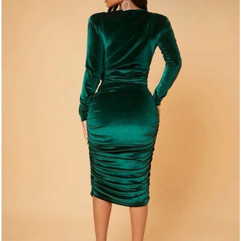 Dark Green Velvet Party Dress Women XL Deep V Neck Long Sleeve Christmas Cocktai - Picture 2 of 9